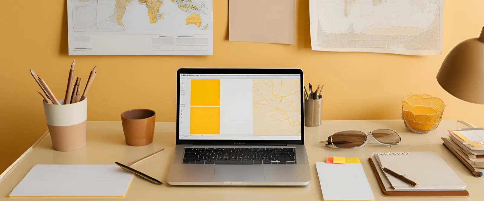 Laptop on desk yellow